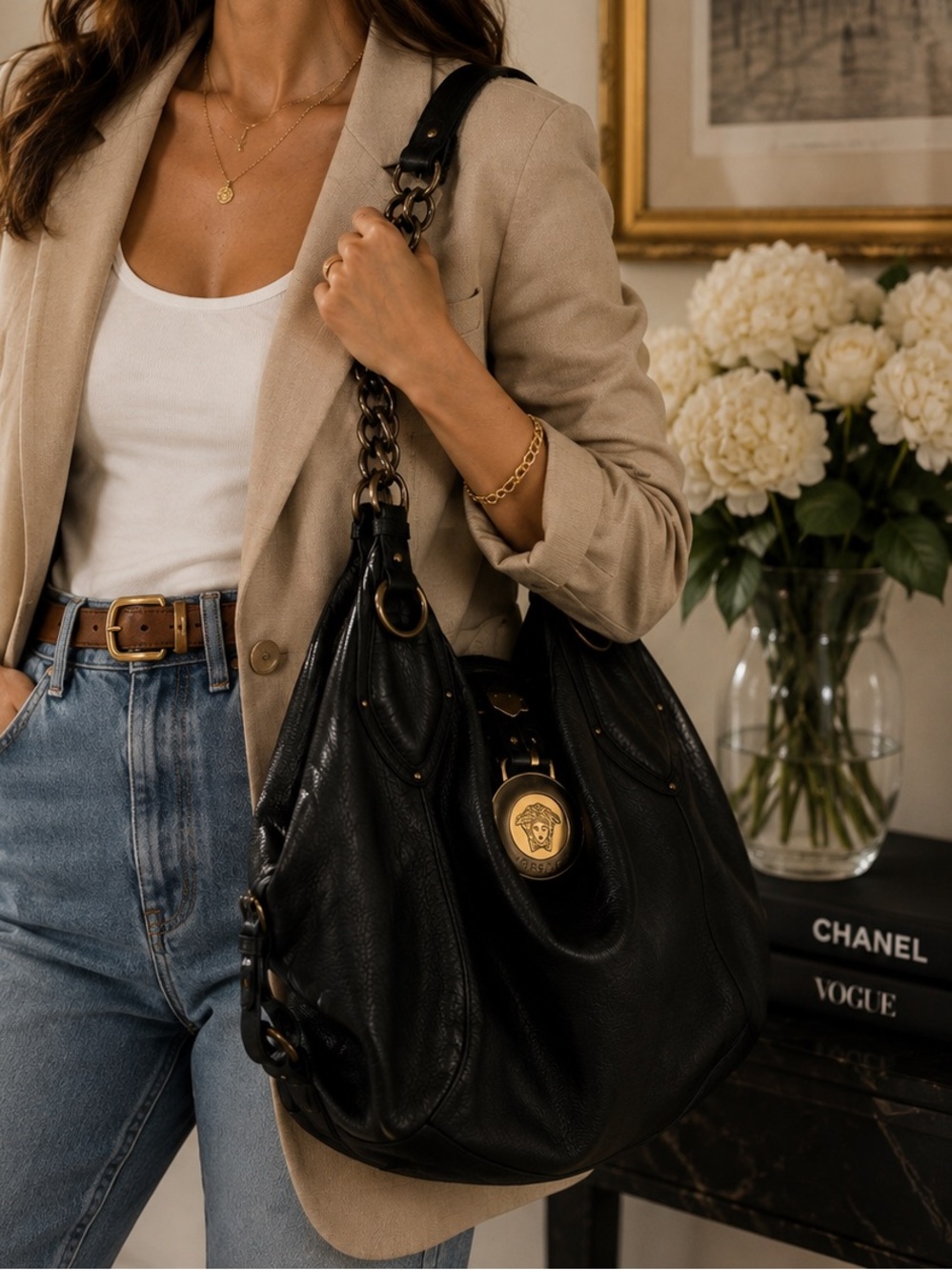 Versace Corniche Medusa Black Leather Hobo Bag